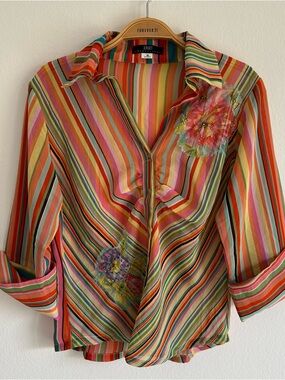 Vintage Y2K Apart Blouse Top Striped Rainbow Red Orange Fairy Whimsigoth Floral